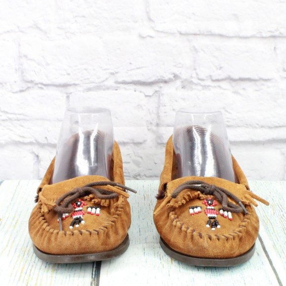 *Minnetonka Thunderbird Brown Suede Slip On Moccasin Flat Boat Shoes Size - Picture 4 of 9